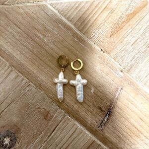 Daily Drills Gold and Cream Cross Earrings